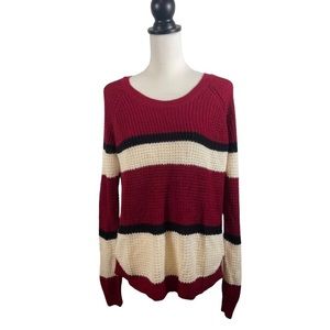 Joe Boxer Red Cream Black Striped Scoopneck Crochet Knit Long Sleeve Swe…